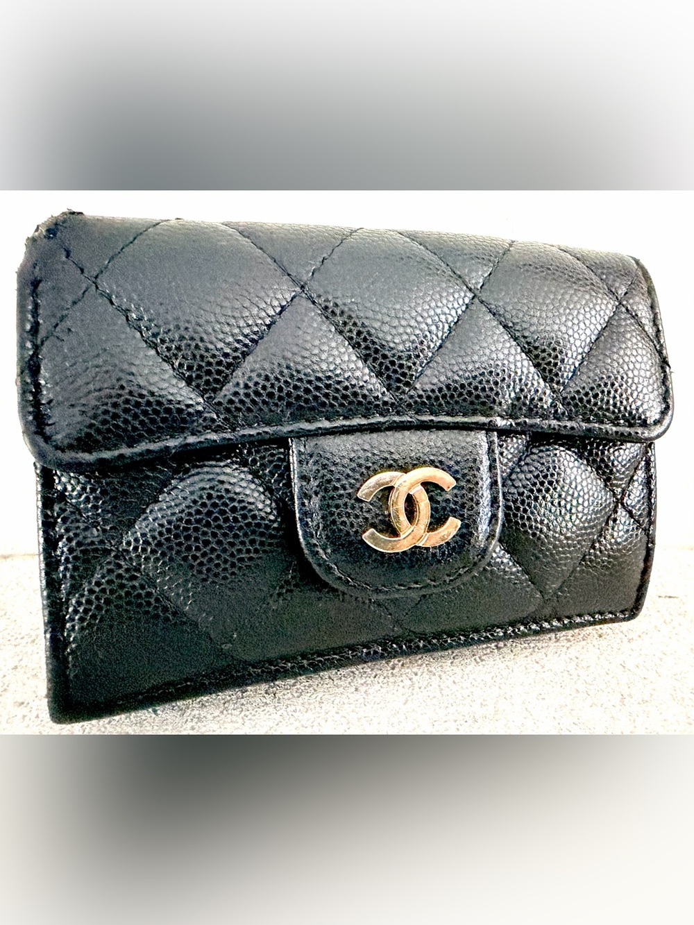 CHANEL Vintage Mini Caviar Leather Trifold Wallet Black Gold CC